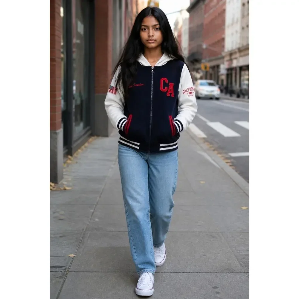 California Citywear Youth Jacket W/Hoodie Embroidered Patches Size 8 Blue White